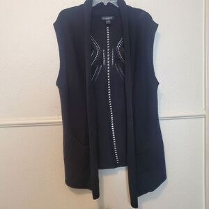 August Silk Women's Black Knit Open Front Cardigan Vest Size L Pointelle Detail
